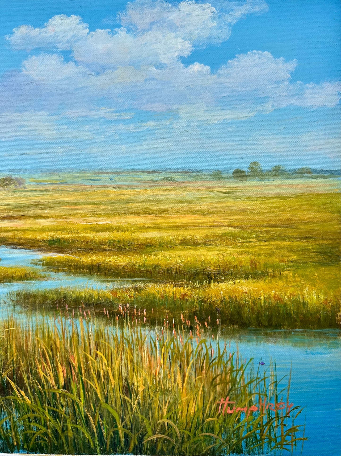 Coastal Winding Blue Marsh Golden Landscape Oil Painting on Canvas, Unstretched, by Humprey