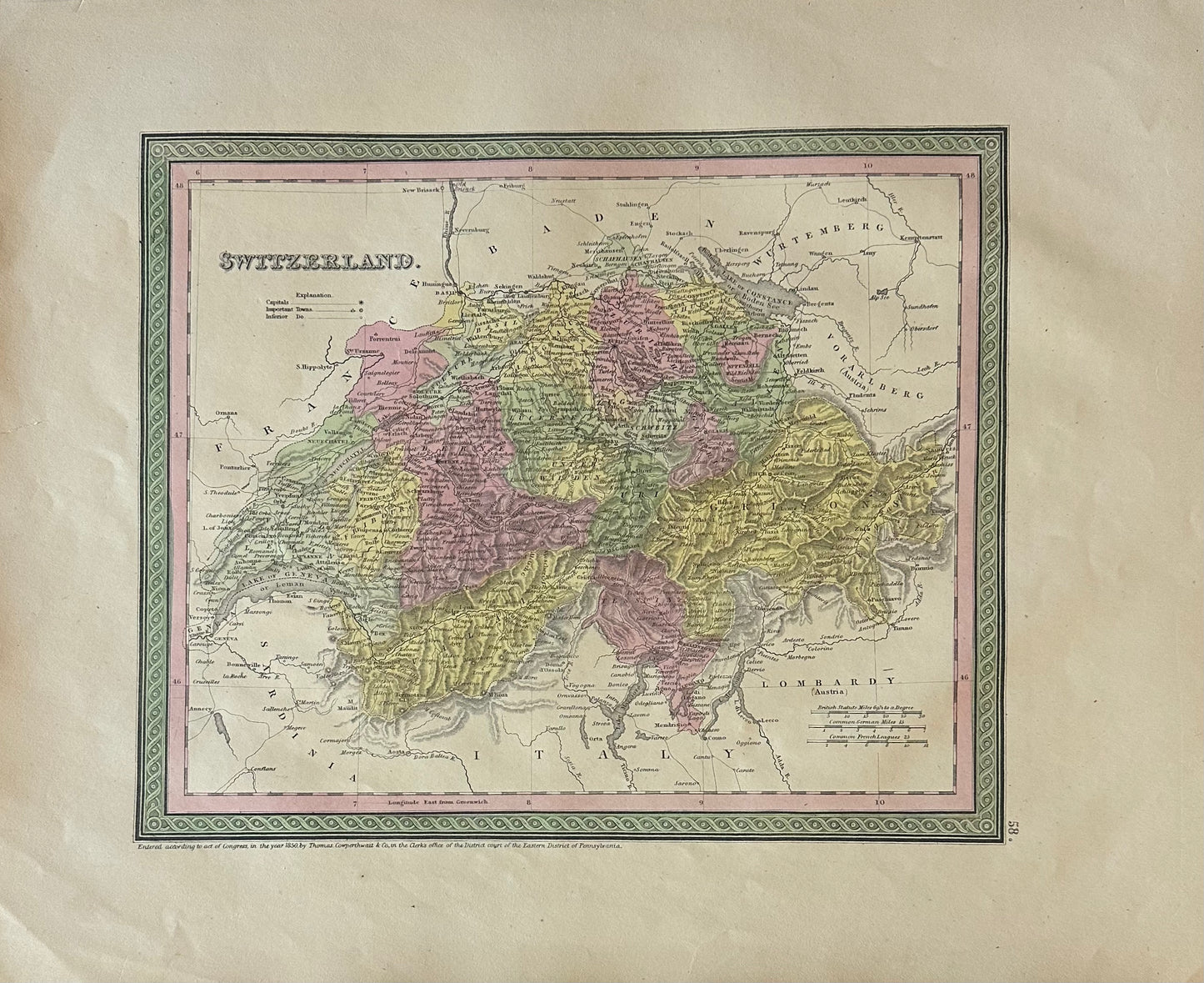 Switzerland Original Map by Mitchell, 1846