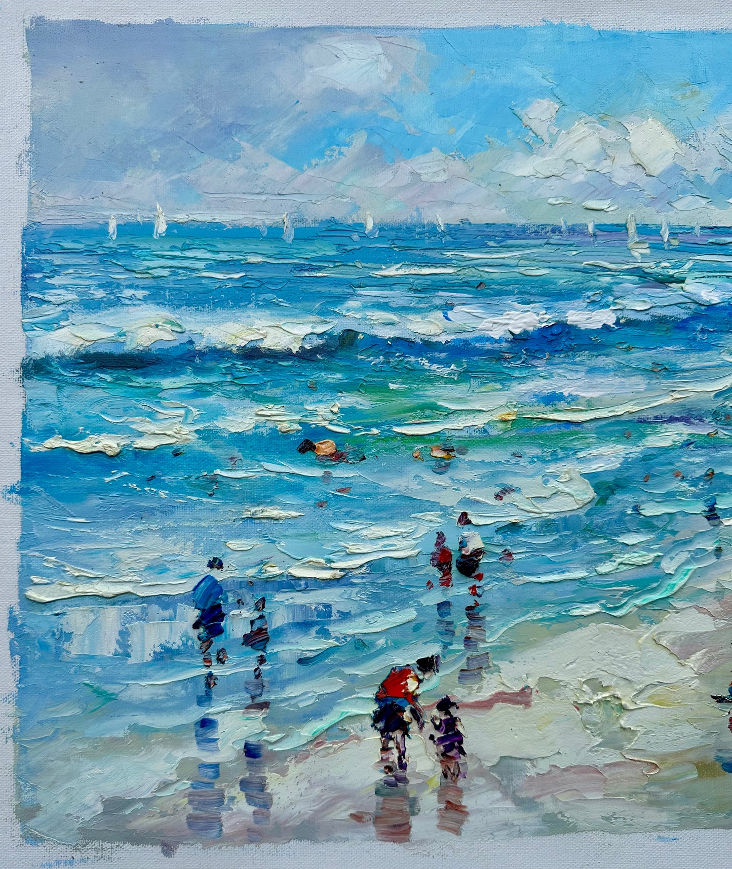 Contemporary Coastal Beach Seascape Oil Painting on Canvas, Unstretched, by J. Morgan