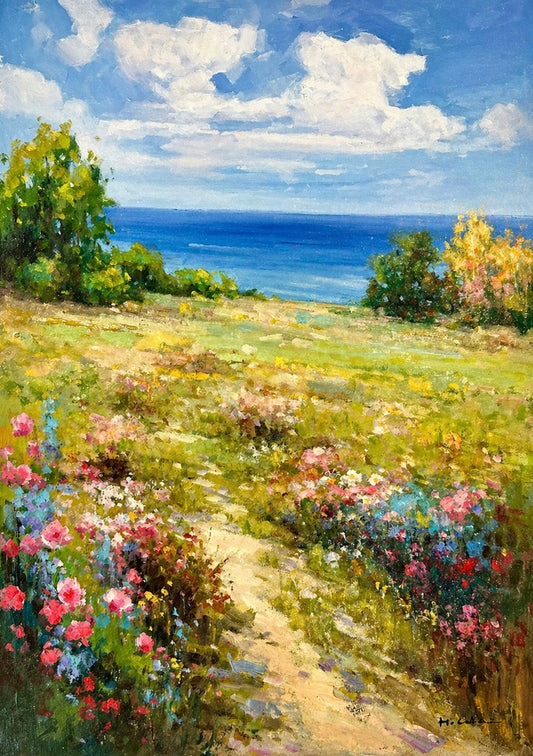 Coastal Landscape with Wildflowers Leading to the Sea — Oil on Unstretched Canvas by H. Cole (24 x 36)