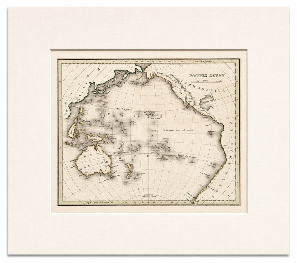 Pacific Ocean Map – Circular Projection Showing Asia, Australia & the Americas by Bradford, 1850