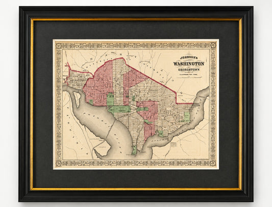 Washington, D.C. & Georgetown Map by A.J. Johnson, Circa 1868, Custom Framed