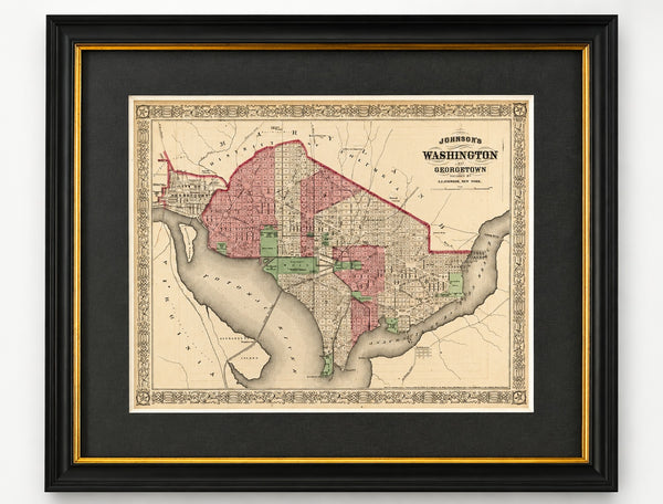 Washington, D.C. & Georgetown Map by A.J. Johnson, Circa 1868, Custom Framed