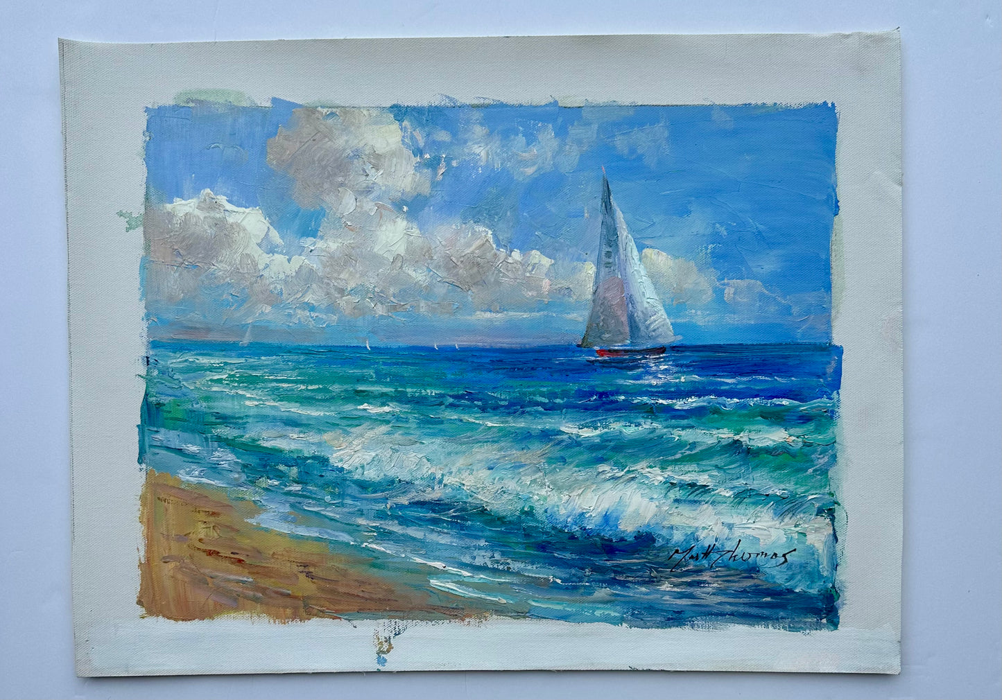 Sailboat Seascape Beach Scene Oil Painting on Canvas, Unstretched, by Matt Thomas