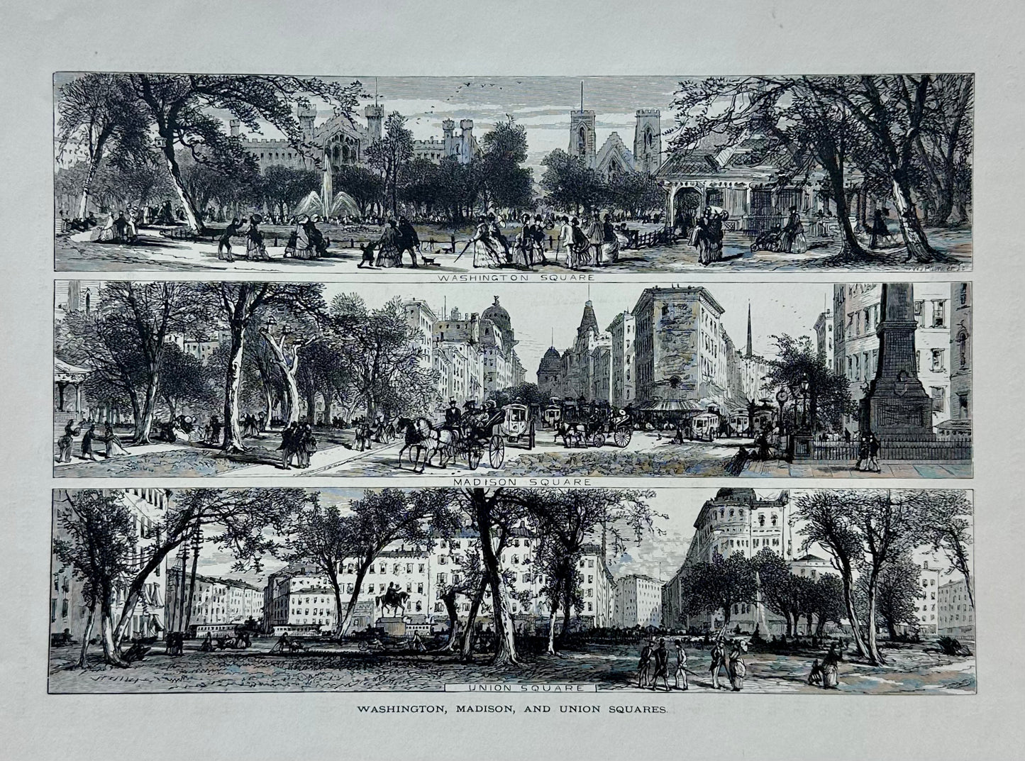 Washington, Madison, and Union Squares in New York City, Original Print, 1874