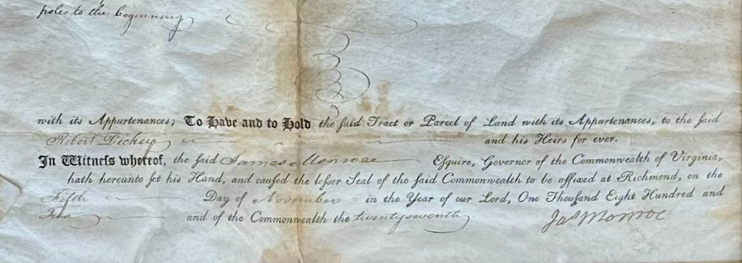 James Monroe Signed Virginia Governor Land Grant Document Autograph, c.1800 — Rockingham County