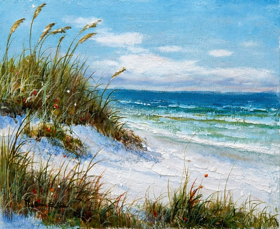 Original Coastal Beach Dune Oil Painting on Canvas | Ocean Seascape with Sea Oats, 8 x 10" (unstretched)