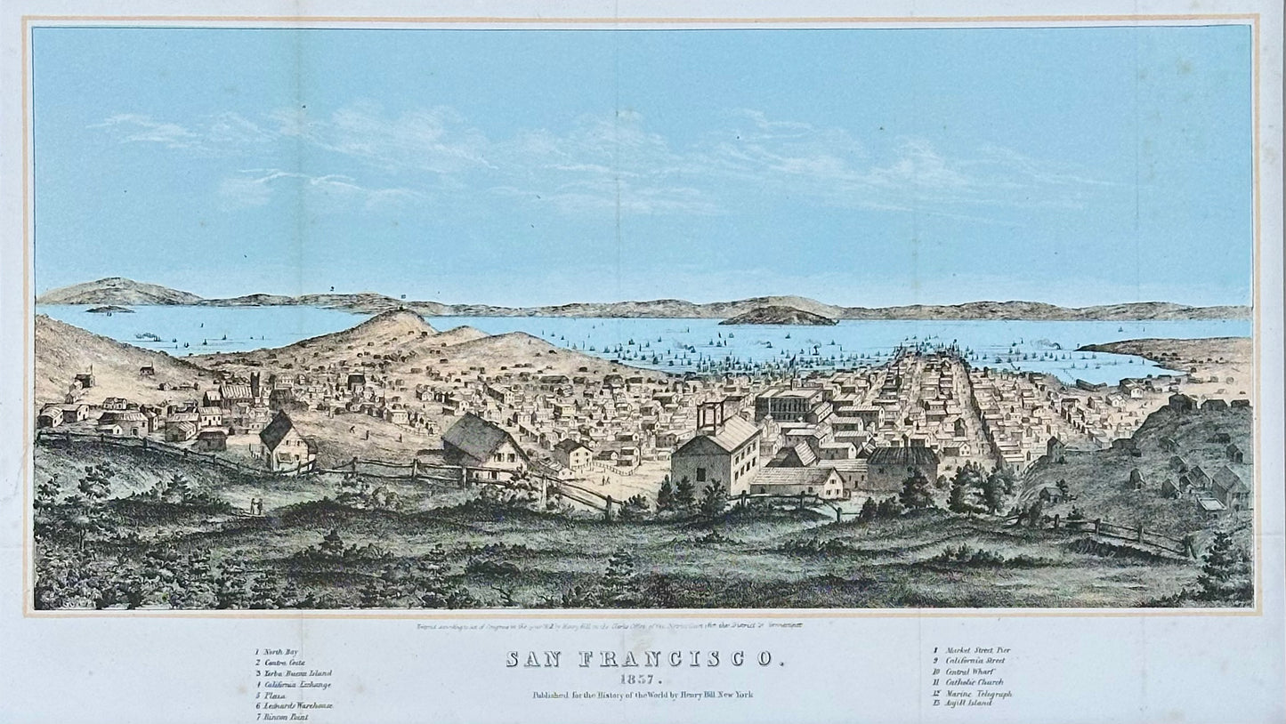San Francisco City View & North Bay Original Lithograph by Henry Bill, 1856 (Framed)