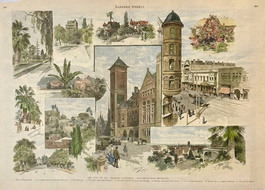 City of Los Angeles, California – Harper’s Weekly 1890 Hand-Colored Wood Engraving