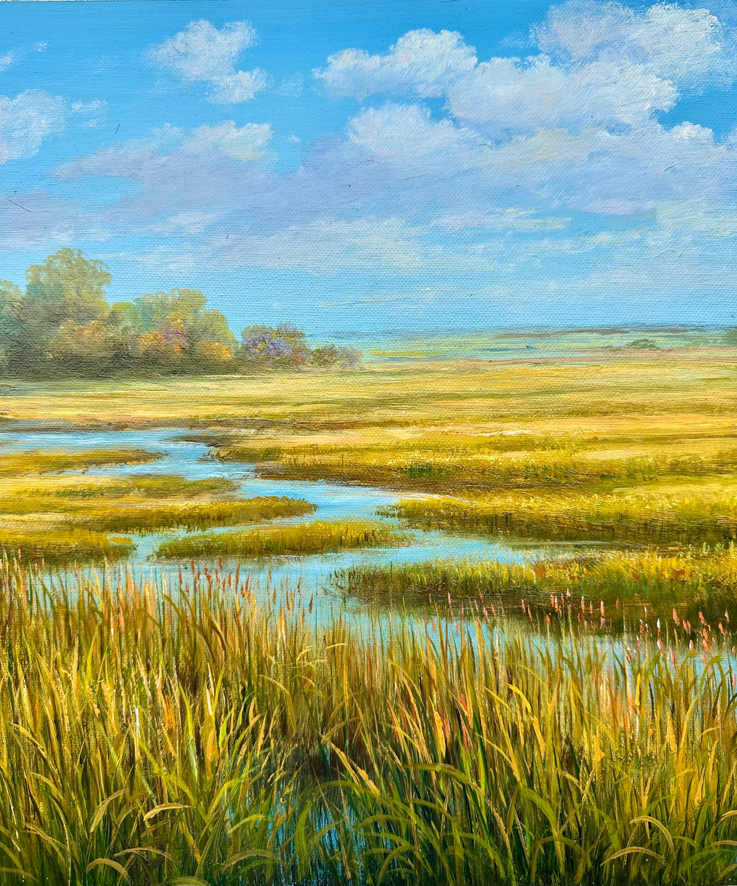 Coastal Winding Blue Marsh Golden Landscape Oil Painting on Canvas, Unstretched, by Humprey