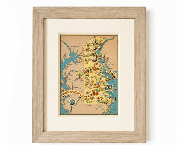 Vintage Delaware Pictorial Map by Taylor, 1935 – Original Custom Framed Map