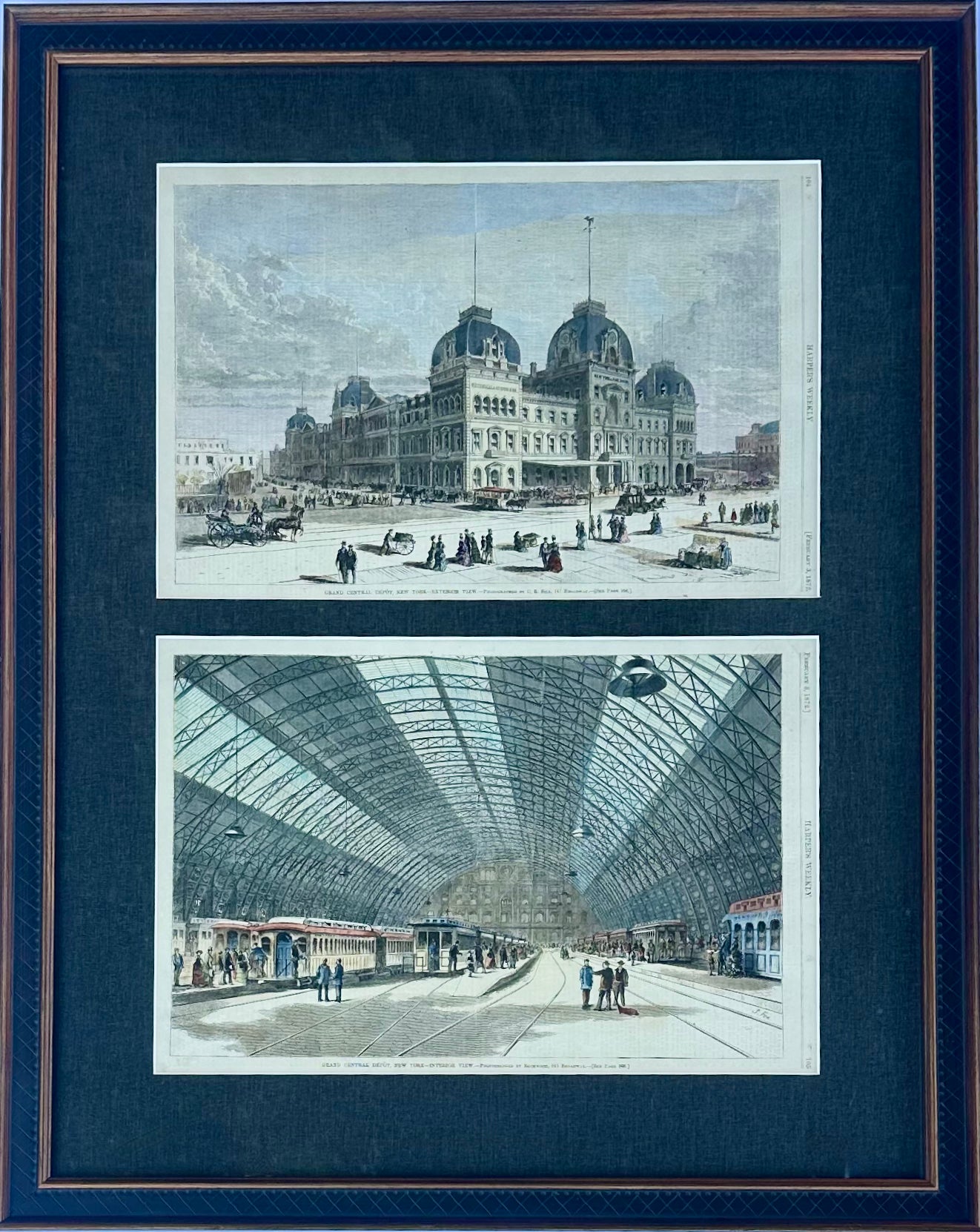 Grand Central Station New York City Framed Pair of Prints (Interior & Exterior Views), 1872