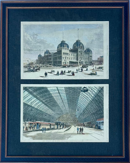 Grand Central Station New York City Framed Pair of Prints (Interior & Exterior Views), 1872