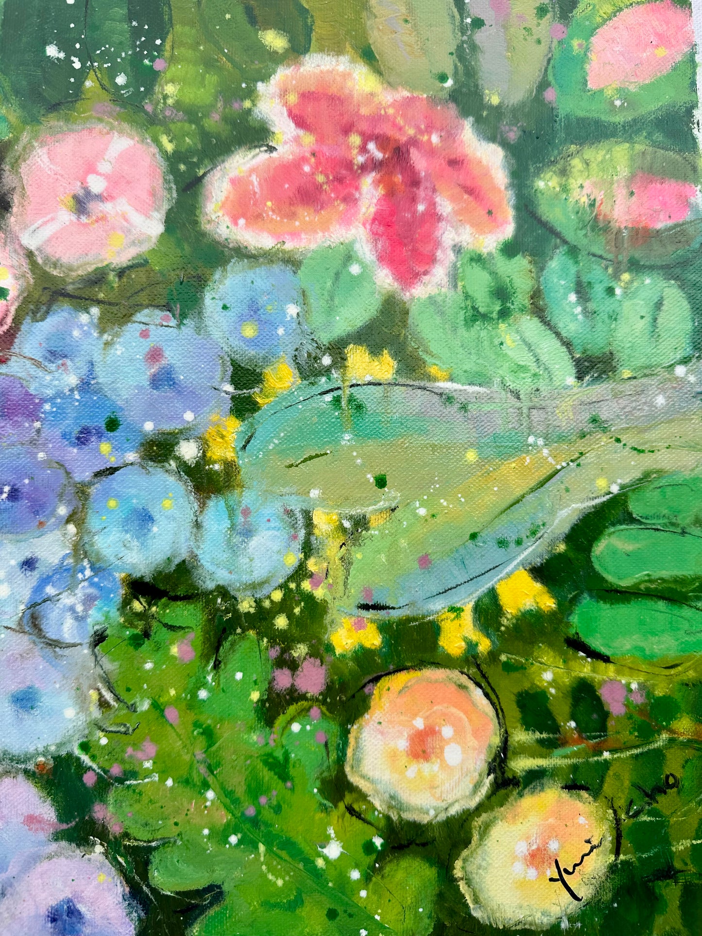 Vibrant Abstract Floral Painting on Canvas, Unstretched, by Youn Cho