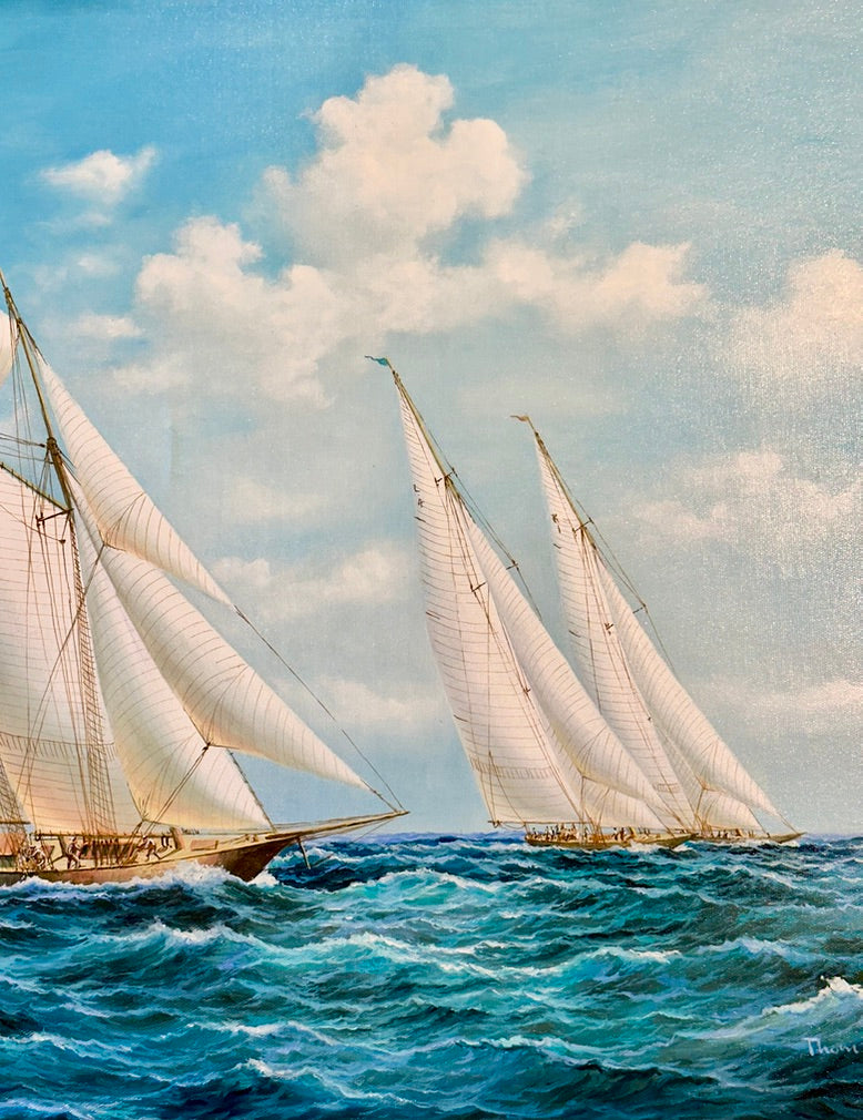Yacht Sailing Schooners at Sea Original Painting – by Matt Thomas (24" x 36"), Unstretched