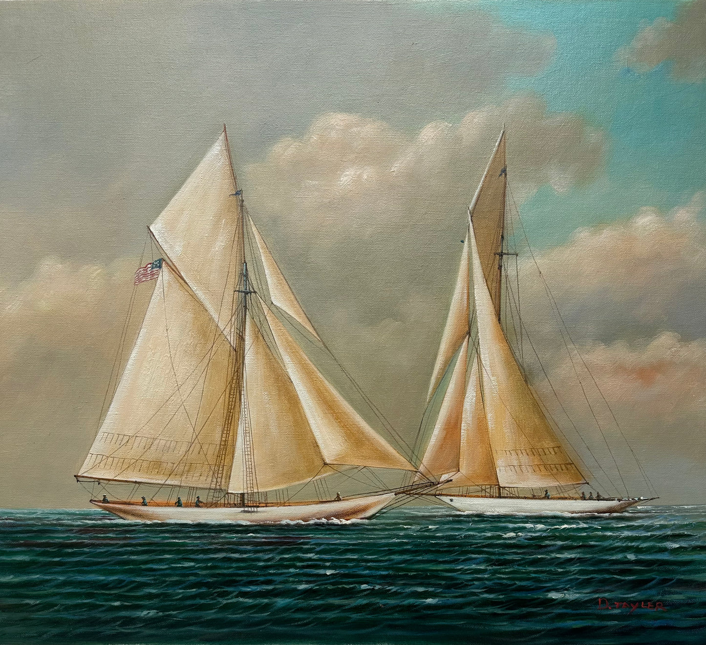 Schooner Yacht Racing Sailing Seascape Oil Painting on Canvas, Unstretched, by D. Tayler