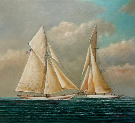 Schooner Yacht Racing Sailing Seascape Oil Painting on Canvas, Unstretched, by D. Tayler