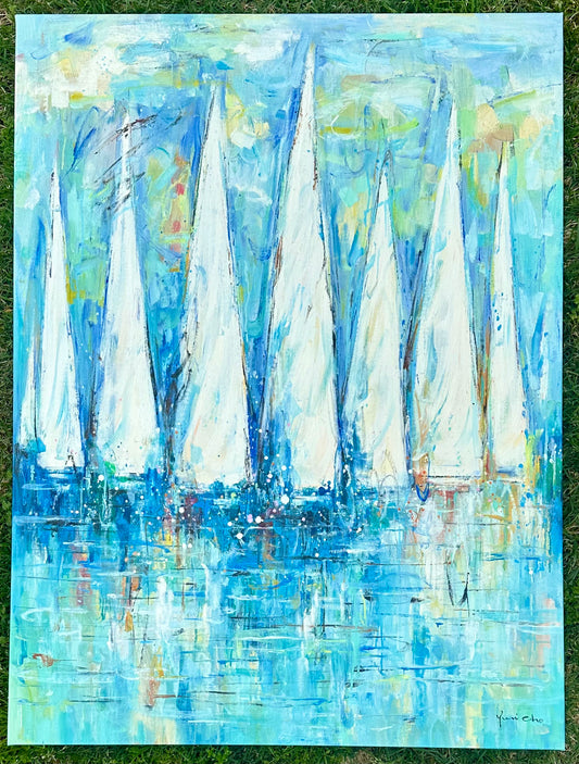 Abstract Sailboats, Original Oil Painting on Canvas, Unframed